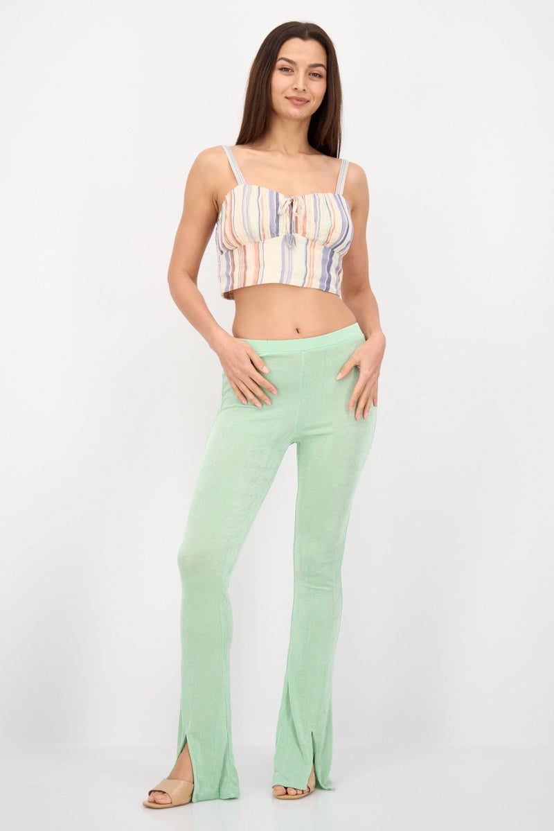 Daisy Street Women Regular Fit Slinky Flare Leg Pants, Light Green - Image 4