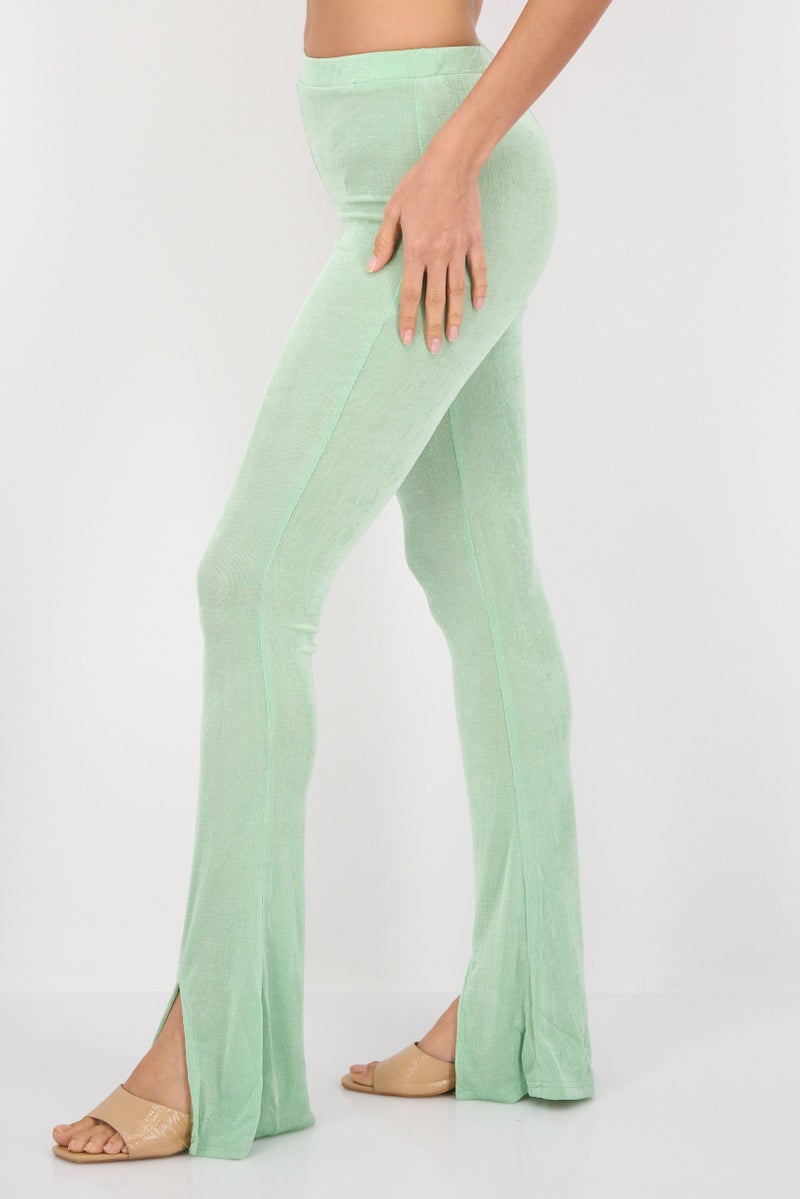 Daisy Street Women Regular Fit Slinky Flare Leg Pants, Light Green - Image 2