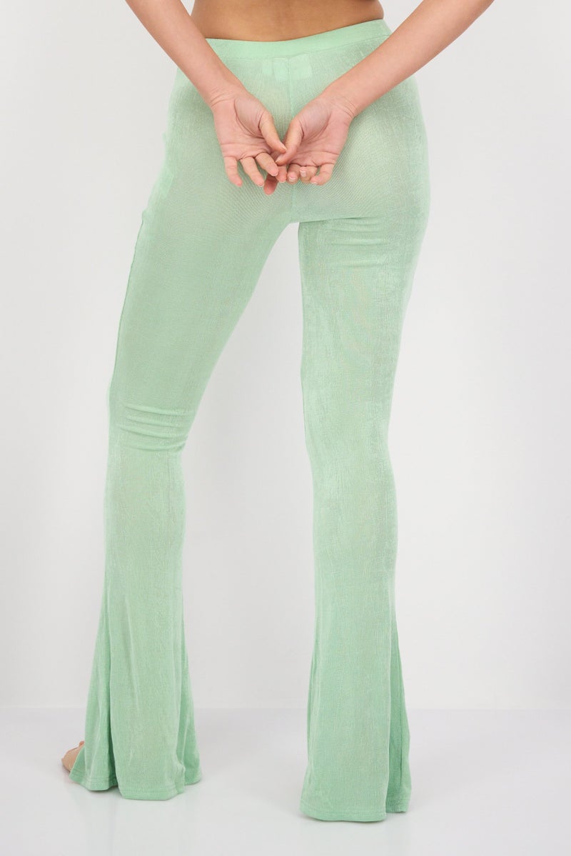 Daisy Street Women Regular Fit Slinky Flare Leg Pants, Light Green - Image 3