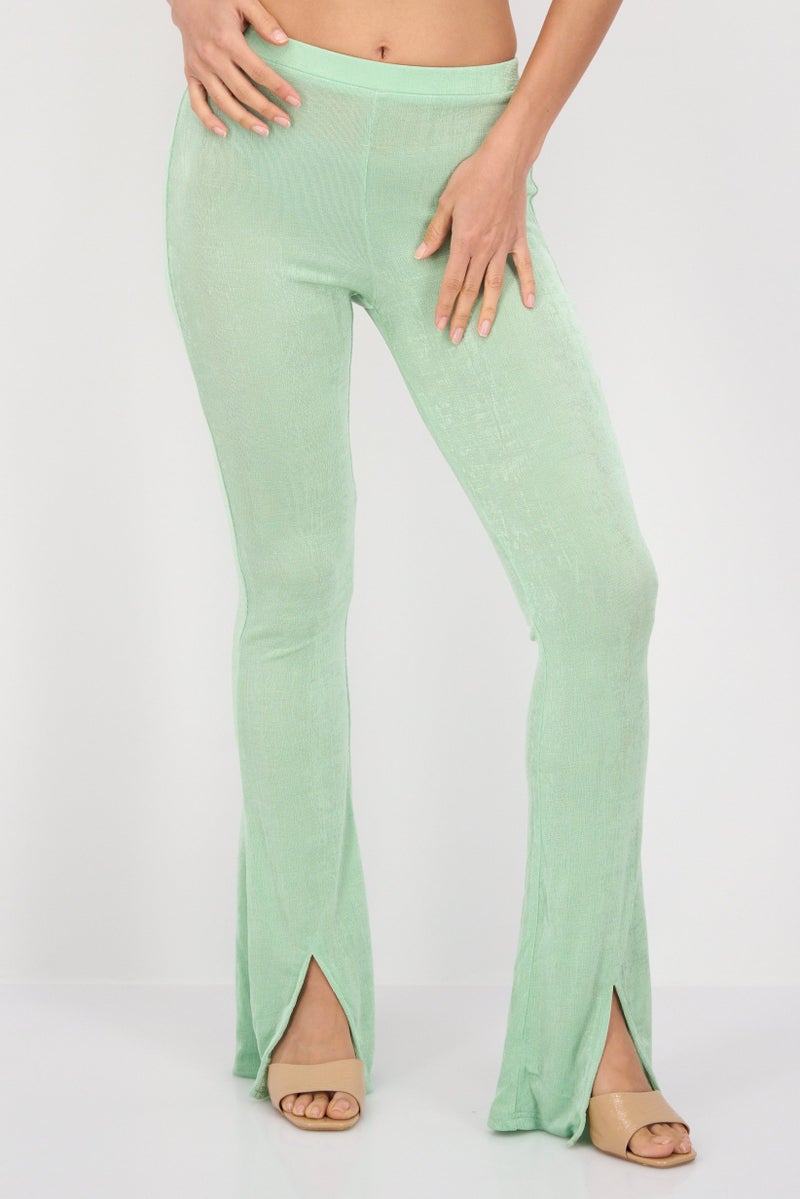 Daisy Street Women Regular Fit Slinky Flare Leg Pants, Light Green - Image 1