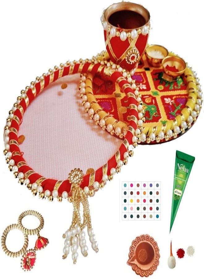DECORATIVE BUCKETS: KARWA CHAUTH THALI Set | KARWA CHAUTH Kalash| Combo of 10 | Traditional Pooja THALI | Indian Handmade Decorative Plate |KARWACHAUTH Bangles Mehndi| KARWACHAUTH CHANNI (MDF) - Image 1
