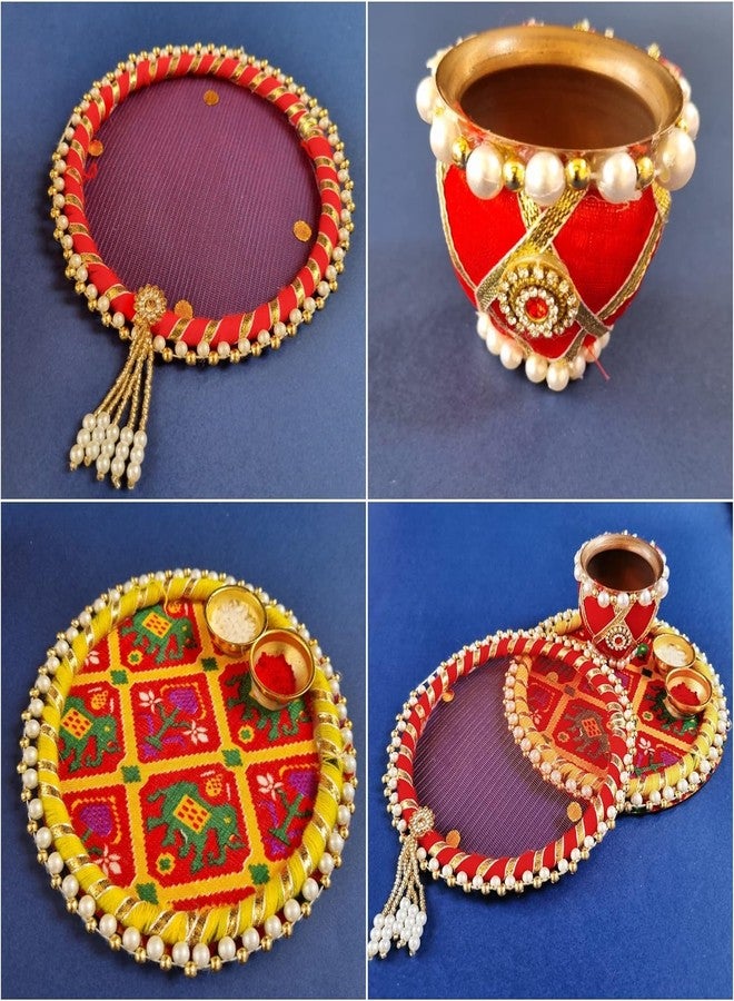 DECORATIVE BUCKETS: KARWA CHAUTH THALI Set | KARWA CHAUTH Kalash| Combo of 10 | Traditional Pooja THALI | Indian Handmade Decorative Plate |KARWACHAUTH Bangles Mehndi| KARWACHAUTH CHANNI (MDF) - Image 3