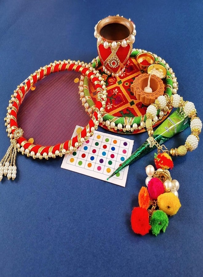 DECORATIVE BUCKETS: KARWA CHAUTH THALI Set | KARWA CHAUTH Kalash| Combo of 10 | Traditional Pooja THALI | Indian Handmade Decorative Plate |KARWACHAUTH Bangles Mehndi| KARWACHAUTH CHANNI (MDF) - Image 2
