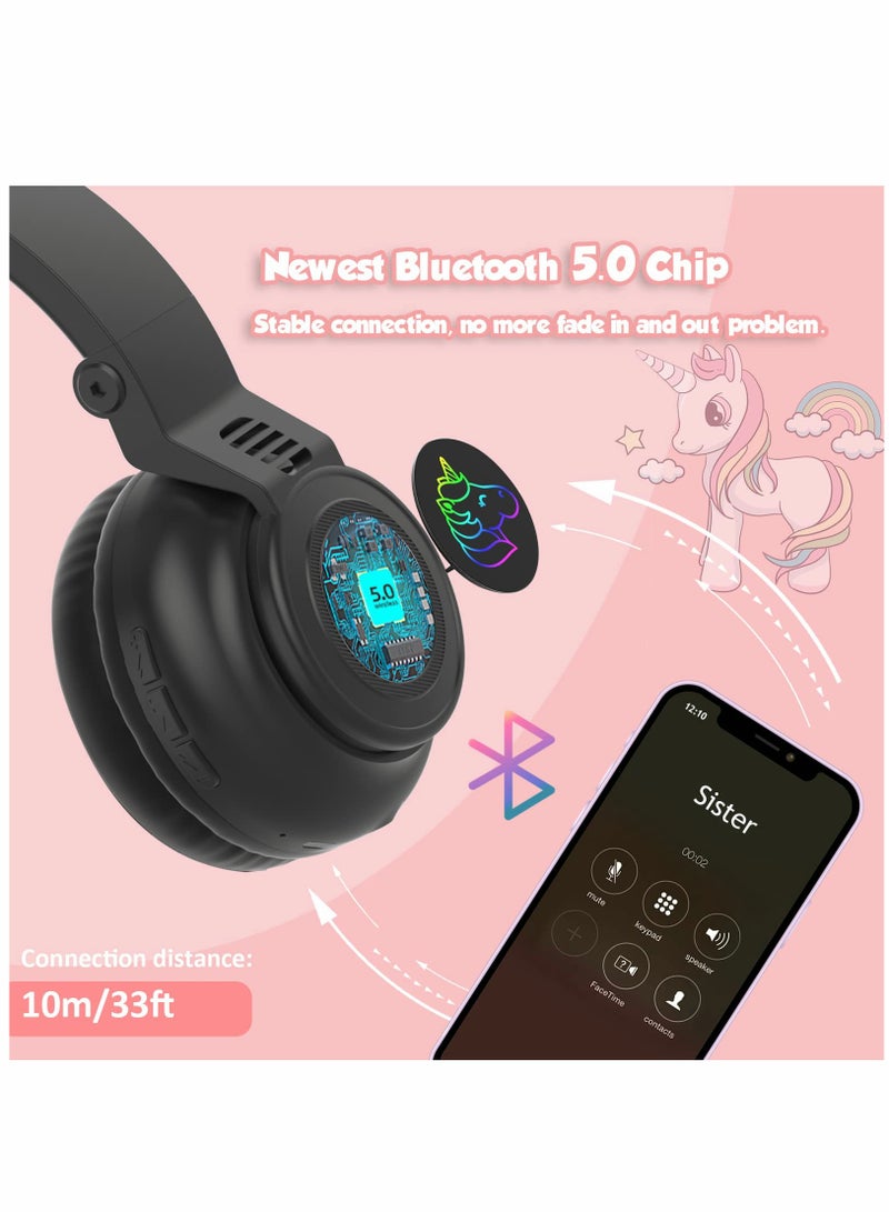 SYOSI Unicorn Headphones, Bluetooth Foldable Headphones Stereo with Microphone and Volume Control Light Up for PC/Cell Phones/TV/iPad, Boys Girls Kids (Black) - Image 3