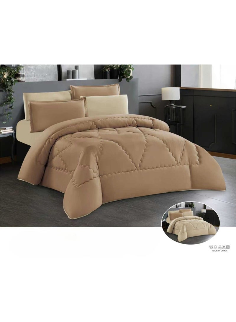 HOOR This double-sided summer bed set (6 pieces) features a modern design and geometric quilted stitching, giving it an elegant hotel look. It includes: 1 comforter (240*260cm), 1 fitted sheet (200*200cm), and 4 pillowcases (50*75cm). - Image 1