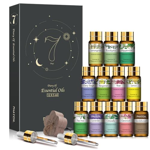 PHATOIL Essential Oil Set, 12x5ml Essential Oils Gift Set with Diffused Wood, 100% Natural Pure Essential Oils for Diffusers DIY Candle Soap Making - Image 1