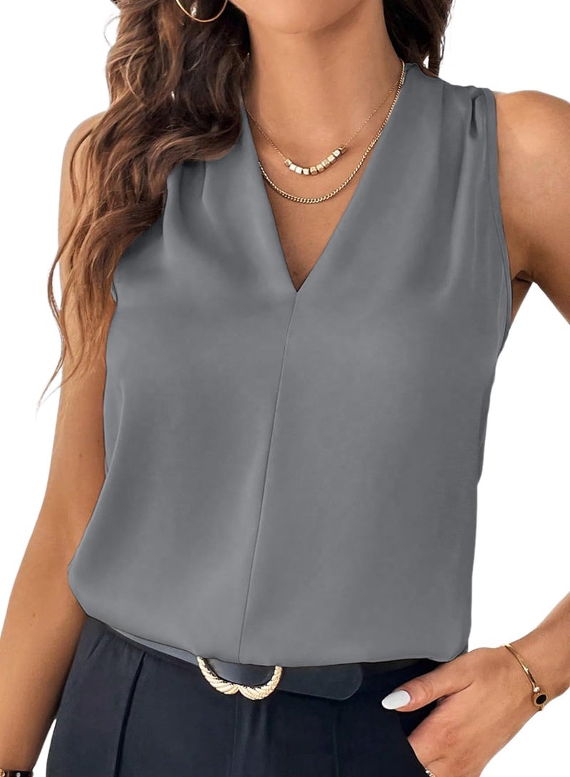 EVALESS Womens Sleeveless Tank Tops Pleated V Neck Business Work Blouses Dressy Casual Summer Fashion 2026 Clothes Medium Grey L