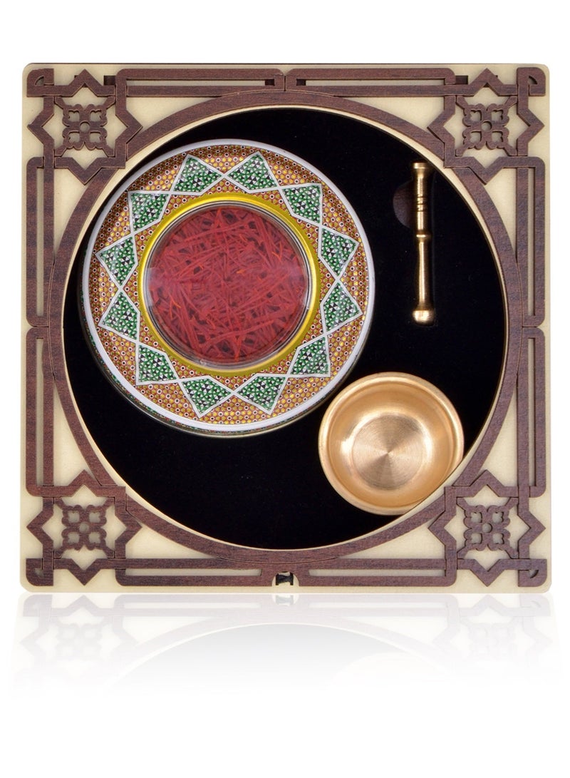 ZARCHIN Luxury Wooden Saffron Gift Box – 1gm Super Negin Saffron with Brass Mortar – Elegant Brown Gift Set