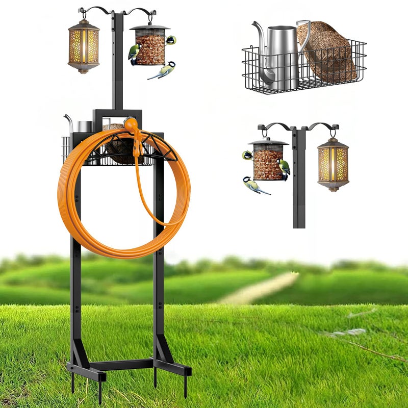neatevday Garden Hose Holder Water Hose Holders for Outside with Storage Basket 2 Shepherds Hooks Detachable Garden Hose Holder Freestanding Heavy Duty Hose Holder Supports 150ft Hoses - Image 2