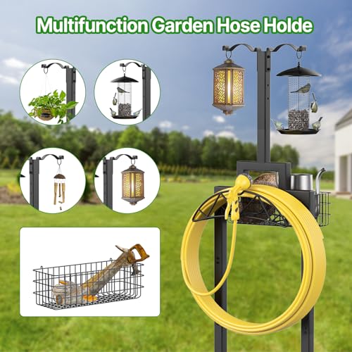 neatevday Garden Hose Holder Water Hose Holders for Outside with Storage Basket 2 Shepherds Hooks Detachable Garden Hose Holder Freestanding Heavy Duty Hose Holder Supports 150ft Hoses - Image 3
