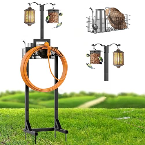 neatevday Garden Hose Holder Water Hose Holders for Outside with Storage Basket 2 Shepherds Hooks Detachable Garden Hose Holder Freestanding Heavy Duty Hose Holder Supports 150ft Hoses - Image 1