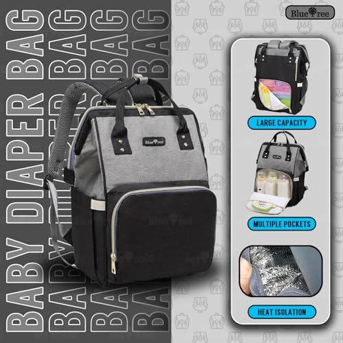 blue tree Premium Baby Diaper Bags For New Born Baby for Mothers | Maternity Waterproof Bags for Travel | Multiple Pocket to Easily Organise Baby Essentials Diaper Backpack for Moms (Black+Grey) - Image 2