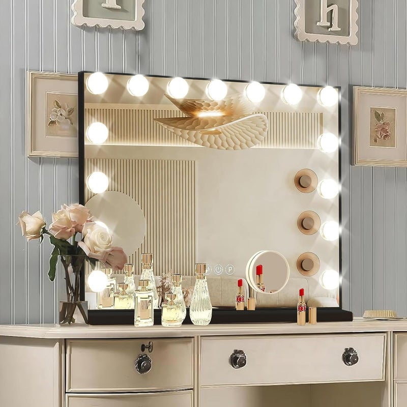 Ratsamee Black Hollywood Vanity Mirror with Lights, 15 Dimmable Bulbs, 3 Color Lights,Make Up Lighted Mirror, Aluminum Metal Frame, USB Charging Portï¼ˆ23" x 18"ï¼‰ - Image 1