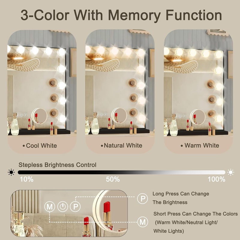 Ratsamee Black Hollywood Vanity Mirror with Lights, 15 Dimmable Bulbs, 3 Color Lights,Make Up Lighted Mirror, Aluminum Metal Frame, USB Charging Portï¼ˆ23" x 18"ï¼‰ - Image 3