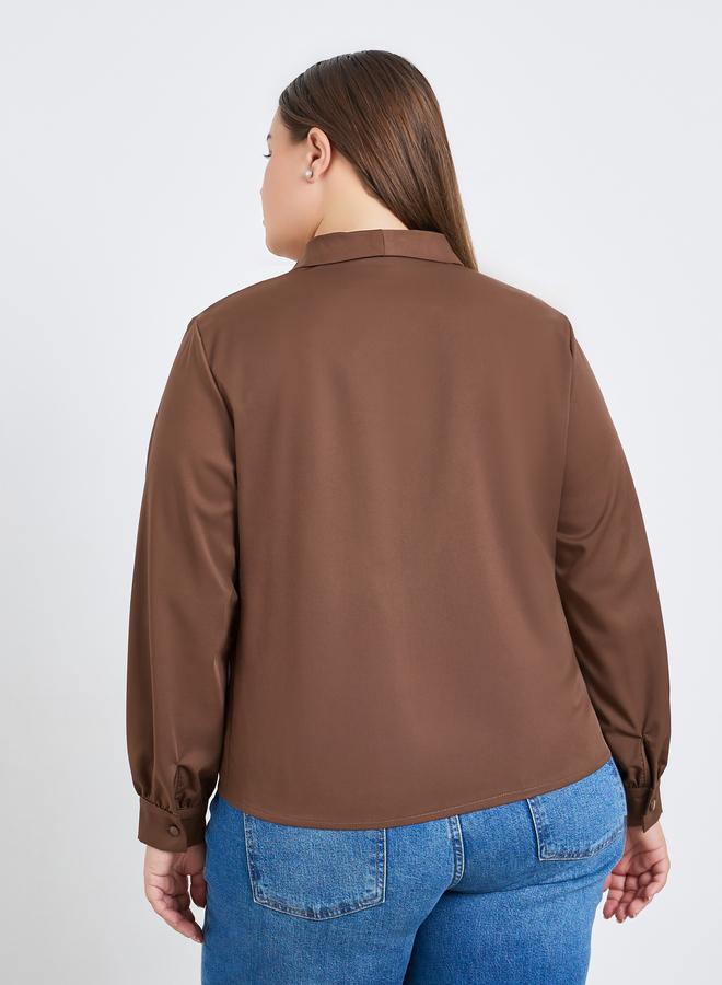 Styli Plus Size Brown Long Sleeve Wrap Blouse - Image 4