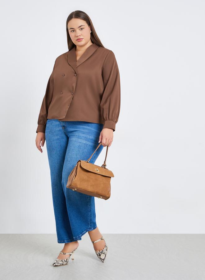 Styli Plus Size Brown Long Sleeve Wrap Blouse - Image 2