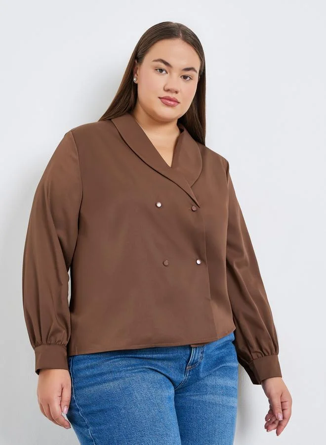 Styli Plus Size Brown Long Sleeve Wrap Blouse