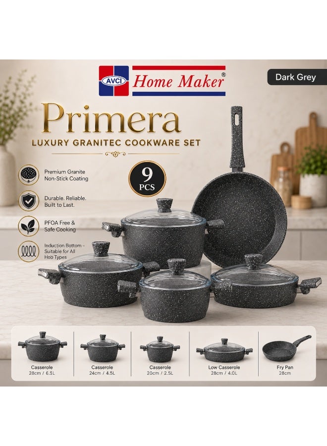 AVCI Home Maker Primera Luxury Granitec 9 Piece Non-Stick Cookware Set With Glass Lids, Induction Bottom, Casseroles & Fry Pan, Dark Grey - Image 1