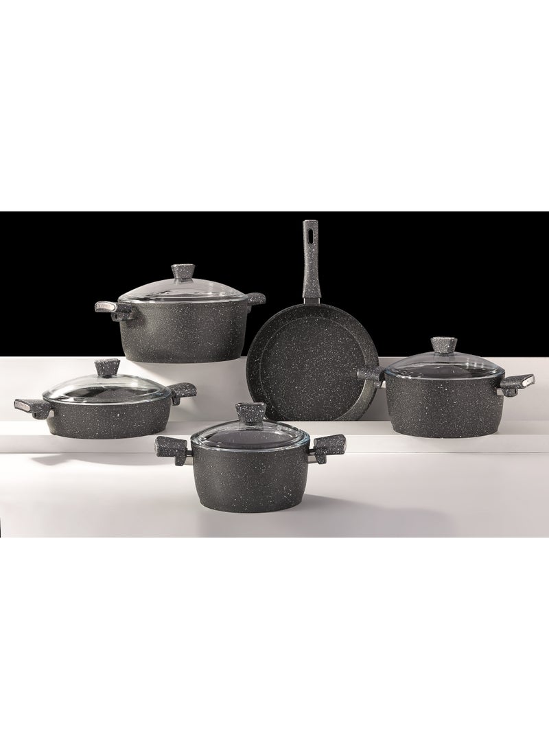AVCI Home Maker Primera Luxury Granitec 9 Piece Non-Stick Cookware Set With Glass Lids, Induction Bottom, Casseroles & Fry Pan, Dark Grey - Image 2
