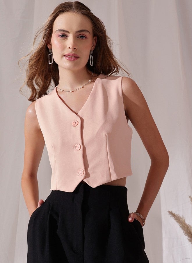 STREET 9 Peach V-Neck Sleeveless Waistcoat for Women - Image 1