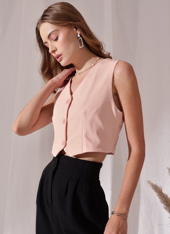 STREET 9 Peach V-Neck Sleeveless Waistcoat for Women - Image 3