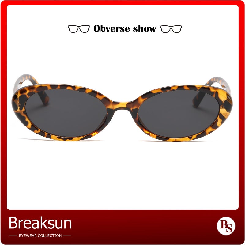 Breaksun نظارات شمسية بيكسون ريترو بيضاوية للنساء والرجال موضة نظارات بيضاوية صغيرة ظلال عتيقة من التسعينات (نمر/رمادي) - Image 2