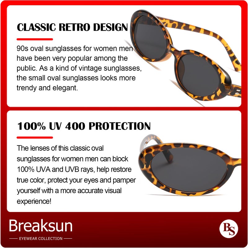 Breaksun نظارات شمسية بيكسون ريترو بيضاوية للنساء والرجال موضة نظارات بيضاوية صغيرة ظلال عتيقة من التسعينات (نمر/رمادي) - Image 4