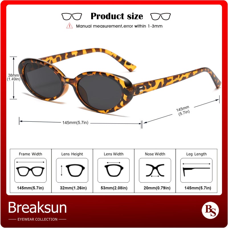 Breaksun نظارات شمسية بيكسون ريترو بيضاوية للنساء والرجال موضة نظارات بيضاوية صغيرة ظلال عتيقة من التسعينات (نمر/رمادي) - Image 5