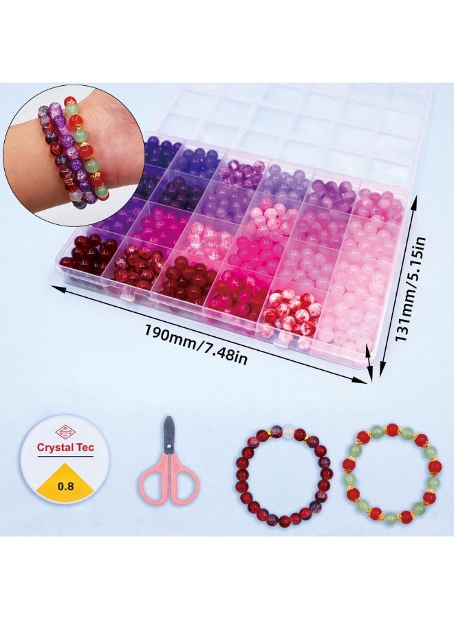 Capstro 520PCS Crack Glass Beads Kit – 8mm Round Crackle Beads Set with 24 Grid Organizer Box, Elastic String & Safety Scissor for DIY Bracelet Making Kit for Girls & Kids – Pink Blossom - Image 3