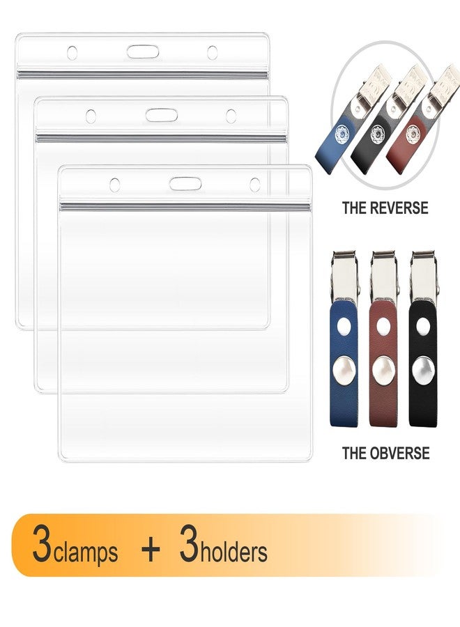 JORUIBLUSKY 3 Pack ID Card Badge Holders with Detachable Leather Metal Badge Clips, Horizontal Waterproof Clear Extra Thick PVC Plastic Name Tags for Nurses Office School Students Teachers Work - Image 2