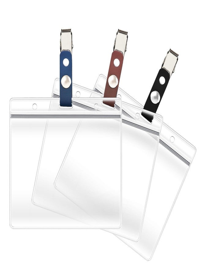 JORUIBLUSKY 3 Pack ID Card Badge Holders with Detachable Leather Metal Badge Clips, Horizontal Waterproof Clear Extra Thick PVC Plastic Name Tags for Nurses Office School Students Teachers Work - Image 1