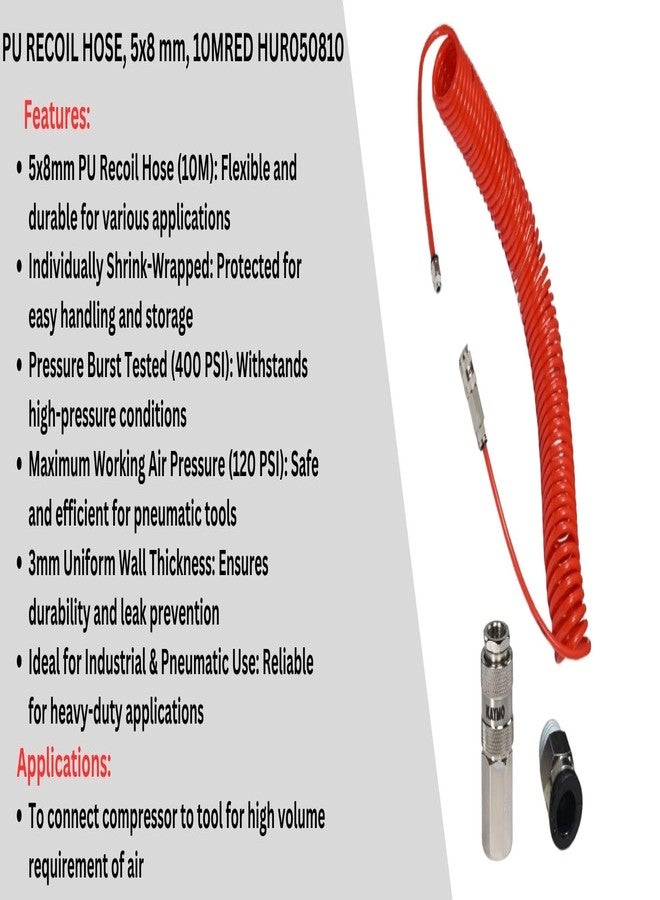 KAYMO HUR050810 Heavy Duty Industrial Use Polyurethane Pneumatic Air Compressor Tubing PU Hose Tube 10 meter | S3320SF Coupler 1/4" Female Socket | Connector JPC0802 Quick Fittings Size: 1/4" X 8 MM - Image 5