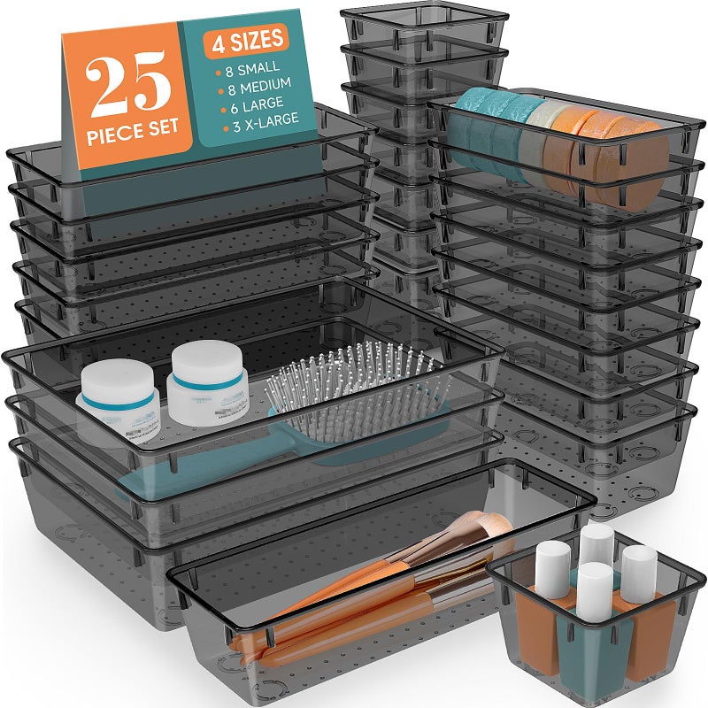 WOWBOX 25 PCS Plastic Drawer Organizer Set, Desk Drawer Divider Organizers and Storage Bins for Makeup, Jewelry, Gadgets for Kitchen, Bedroom, Bathroom, Office, Black - Image 1