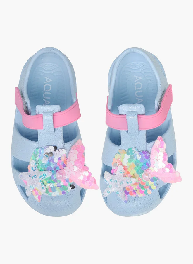 Aqua Glitter Applique Sandals with Hook and Loop Closure