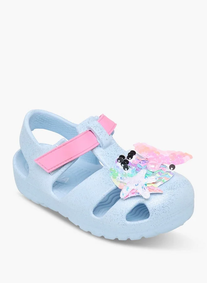 Aqua Glitter Applique Sandals with Hook and Loop Closure