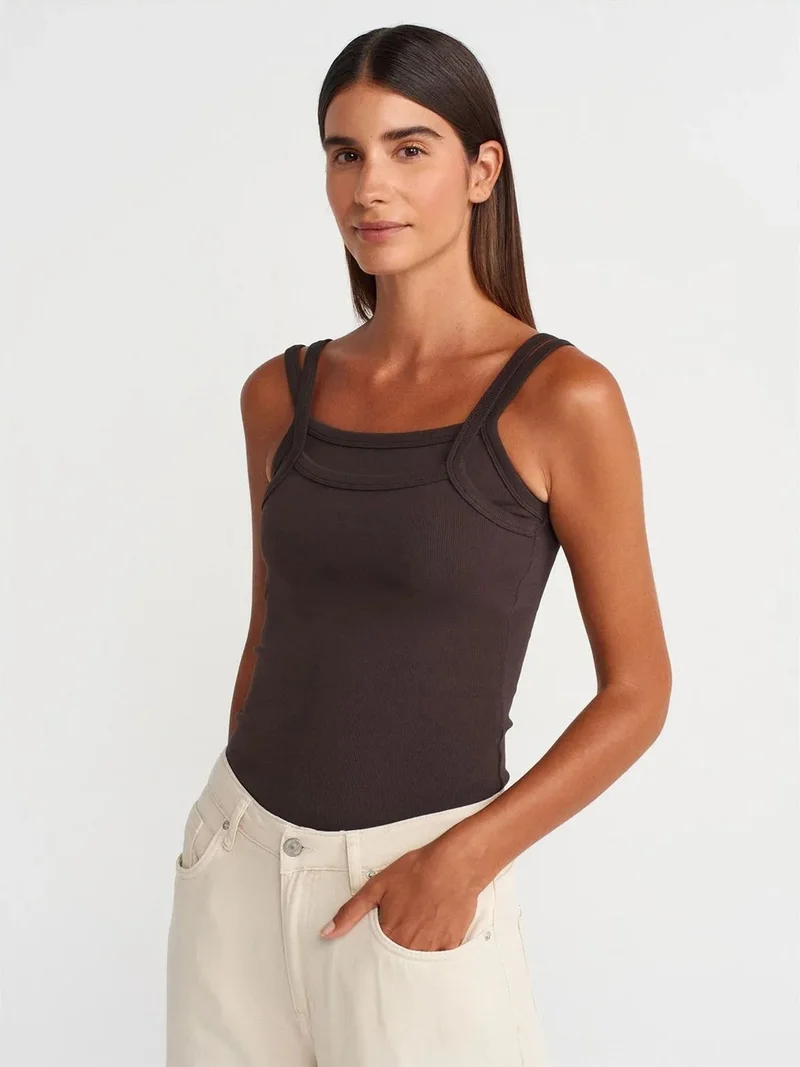 Dilvin DILVIN Ribbed Sleeveless Square-neck Blouse