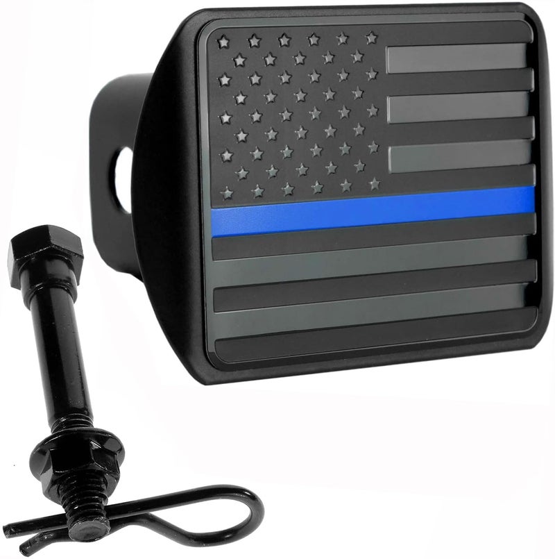 eVerHITCH USA American Flag Metal Hitch Cover (Fits 2" Receivers, Black Flag with Thin Blue line) - Image 1