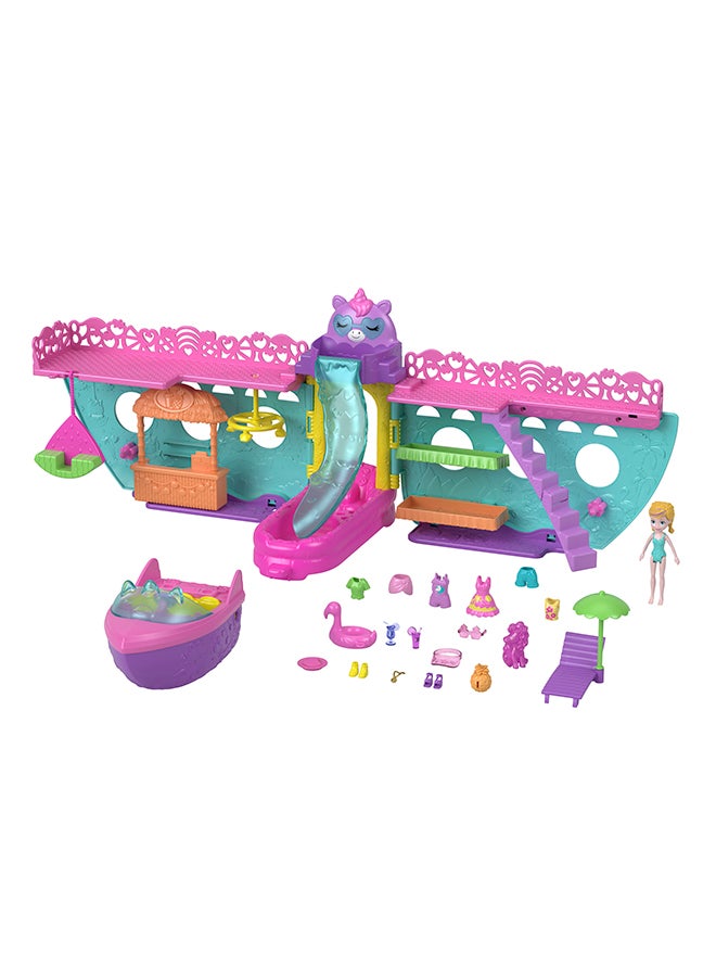 Polly Pocket مجموعة لعب قارب محمولة مع ألعاب مائية وإكسسوارات تغيير اللون، رحلة حلم اليونيكورن تشمل 1 دمية و23 قطعة إجمالية - Image 2