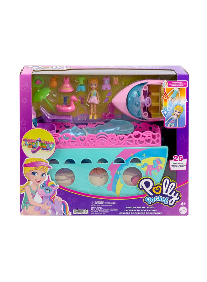 Polly Pocket مجموعة لعب قارب محمولة مع ألعاب مائية وإكسسوارات تغيير اللون، رحلة حلم اليونيكورن تشمل 1 دمية و23 قطعة إجمالية - Image 1