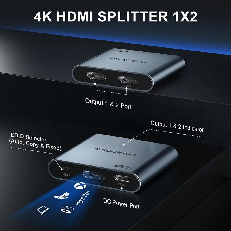 موزع HDMI 1 إلى 2 4K، موزع AVIDGRAM HDMI ثنائي المنفذ مع وضع تلقائي ونسخ وثابت لعرض مزدوج متطابق يدعم 4K 30Hz ثلاثي الأبعاد، متوافق مع Xbox وPS4 Pro وPS5 - Image 5