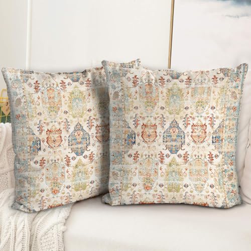 BUAEL Boho Floral Throw Pillow Covers 18x18 inch Set of 2,Beige Boho Rug Geometric Floral Pattern Decor Double Sided Pattern Cushion Cover Soft Pillow Case Living Sofa Room Bed Square Pillow Cover - Image 1