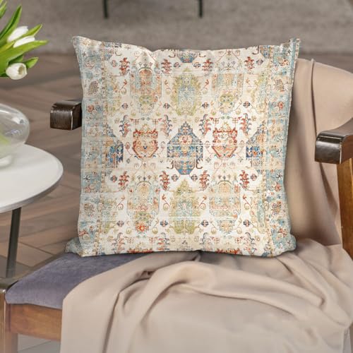 BUAEL Boho Floral Throw Pillow Covers 18x18 inch Set of 2,Beige Boho Rug Geometric Floral Pattern Decor Double Sided Pattern Cushion Cover Soft Pillow Case Living Sofa Room Bed Square Pillow Cover - Image 4