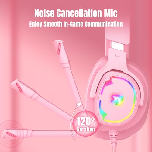 Jimonyer Gaming Headset with Microphone, 7.1 Surround Sound and Noise Canceling Over Ear Headphones for PC/PS4/PS5/Xbox Series/Switch, RGB Light and Soft Imitation Protein Earmuffs (PinkCat) - Image 4