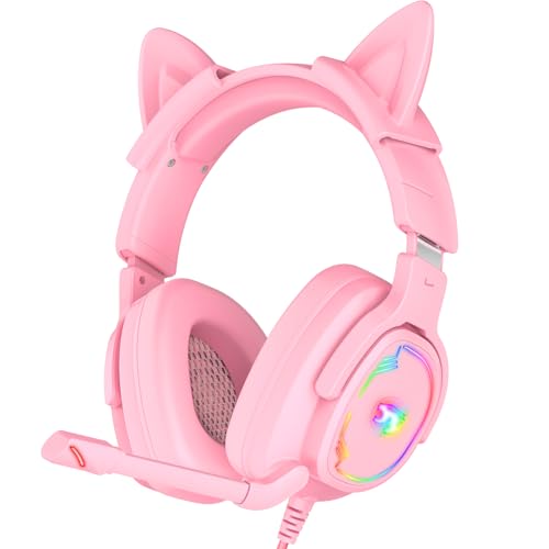 Jimonyer Gaming Headset with Microphone, 7.1 Surround Sound and Noise Canceling Over Ear Headphones for PC/PS4/PS5/Xbox Series/Switch, RGB Light and Soft Imitation Protein Earmuffs (PinkCat) - Image 1