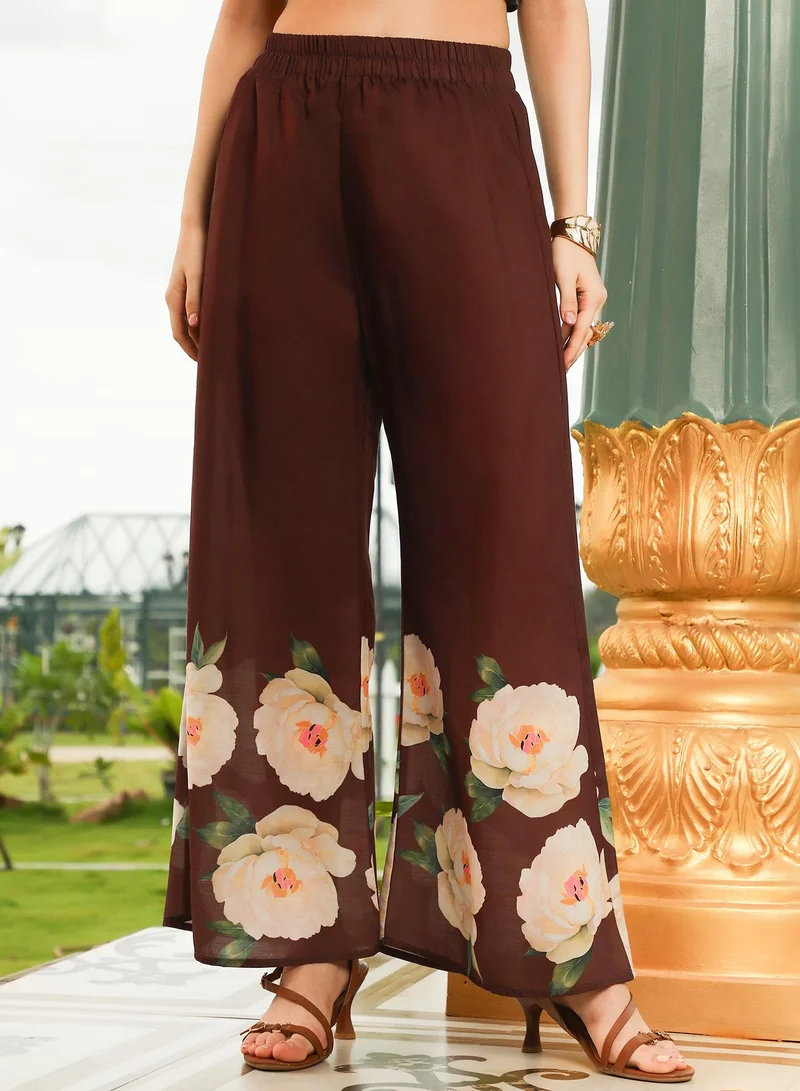 QISSA  Qissa Women's Chocolate Brown Flared Roses-Imprint Kurta Set For Ethnic Wear | Mandarin Collar , Sleeveless , Straight Hem | Floral Print Fabric | 2 Piece Kurta Set Designed For Casual & Daily Wear for Women | Best Price UAE