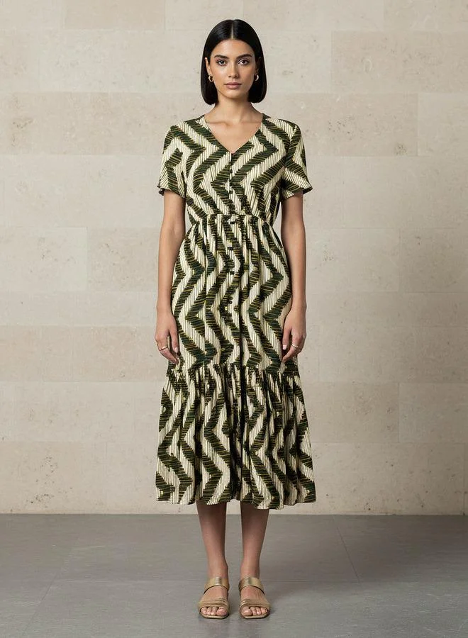 Splash FAV Printed Tiered Women Dress with Short Sleeves