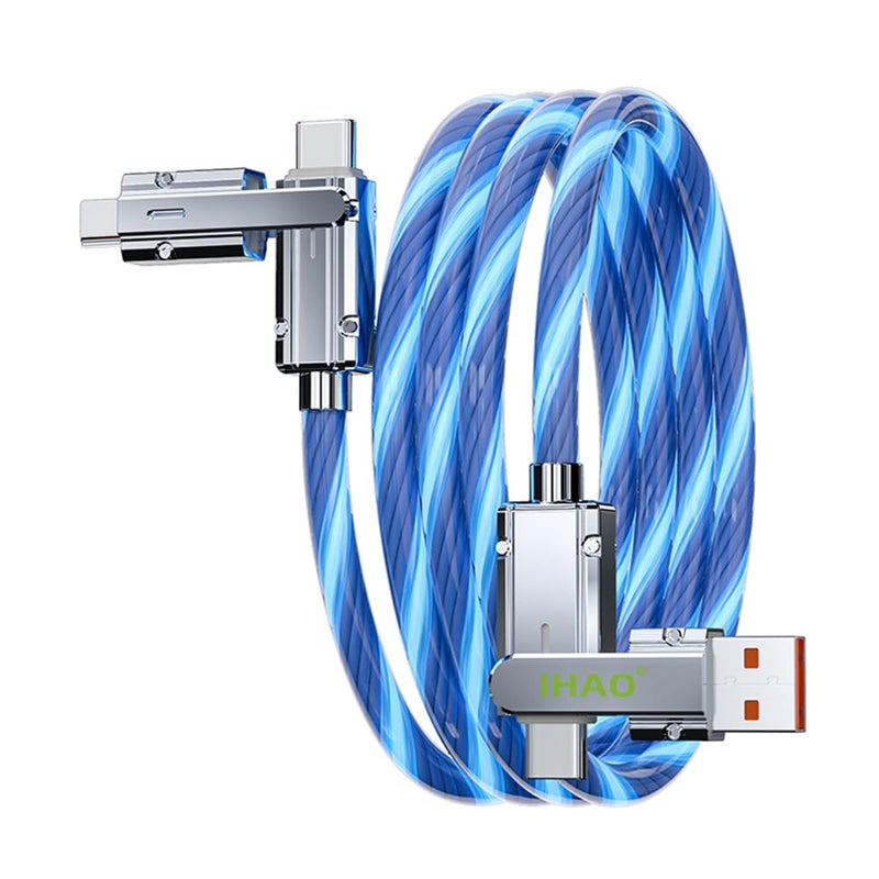 IHAO كابل شاحن متعدد المنافذ IHAO، 4 مجموعات في كابل واحد، USB-A/USB-C إلى USB-C، شحن سريع، مع إضاءة LED متدفقة، متوافق مع جميع الأجهزة الكهربائية تقريبًا - 39 بوصة أزرق - Image 1