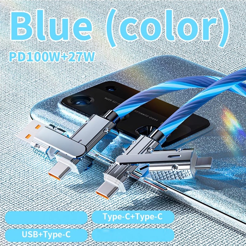 IHAO كابل شاحن متعدد المنافذ IHAO، 4 مجموعات في كابل واحد، USB-A/USB-C إلى USB-C، شحن سريع، مع إضاءة LED متدفقة، متوافق مع جميع الأجهزة الكهربائية تقريبًا - 39 بوصة أزرق - Image 3