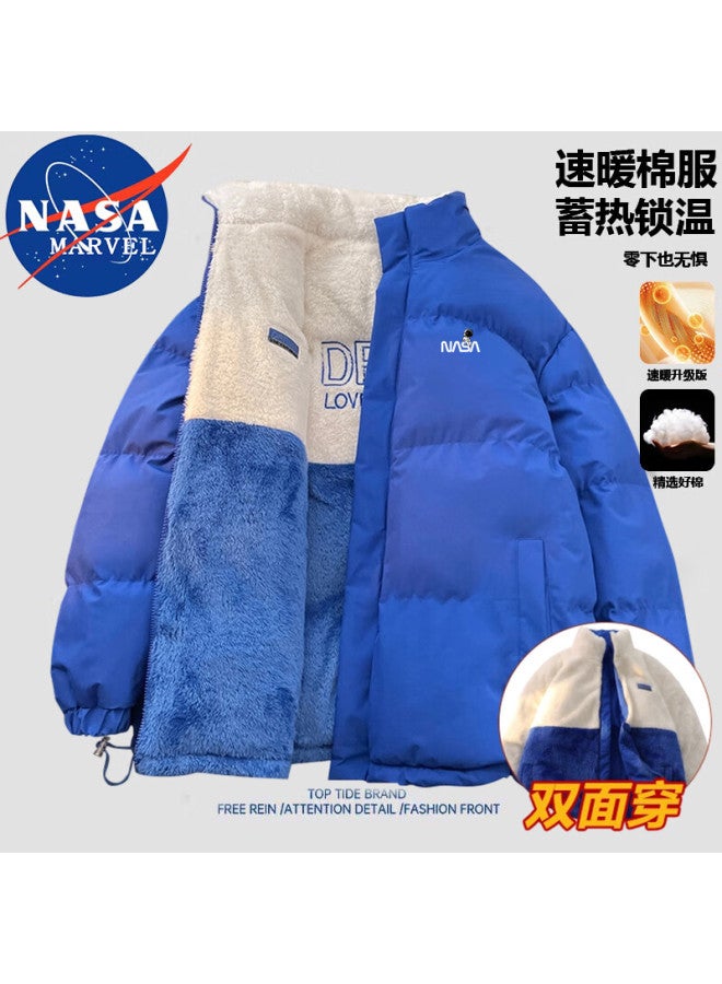 Nasa Marvel Men's Cotton Padded Jacket Winter Thickened Trendy Reversible American Style Sherpa Couple Coat Black L