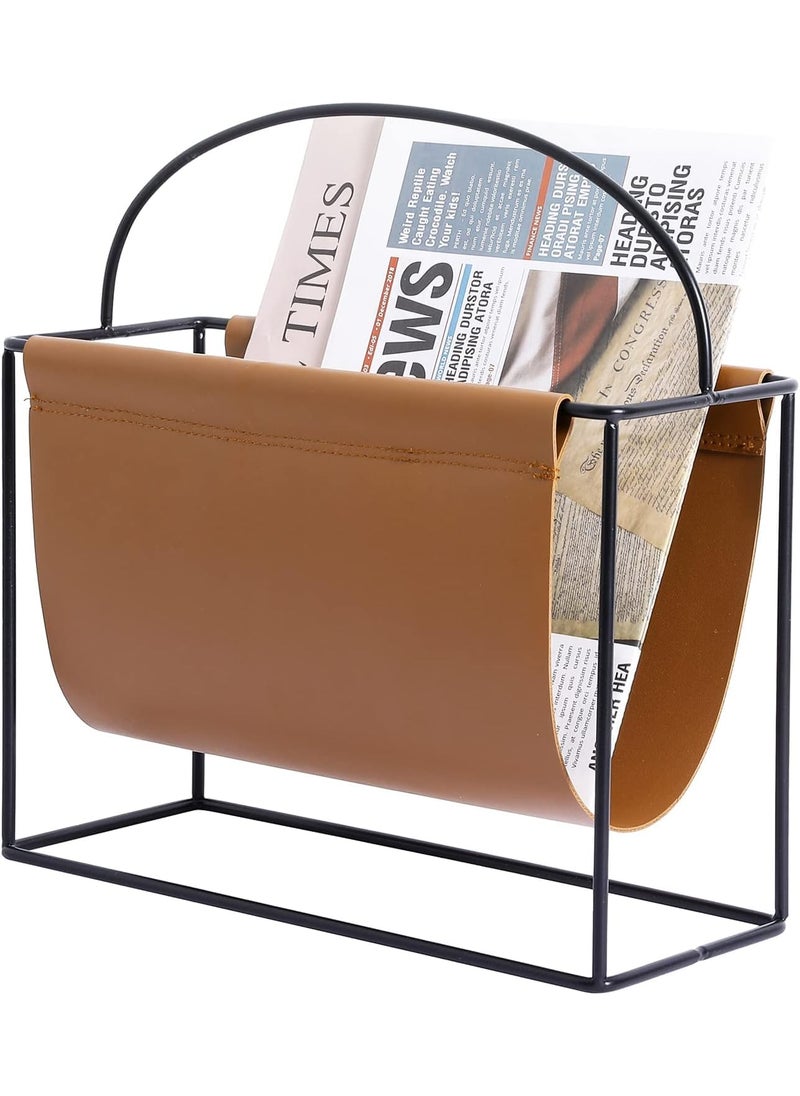 INDIDECOR INDIDECOR 51541 Compact 11 Inch Modern Magazine Holder with Industrial Matte Black Metal Frame and Caramel Brown Leatherette Sling Tabletop or Floor Standing Storage Organizer  - Image 1
